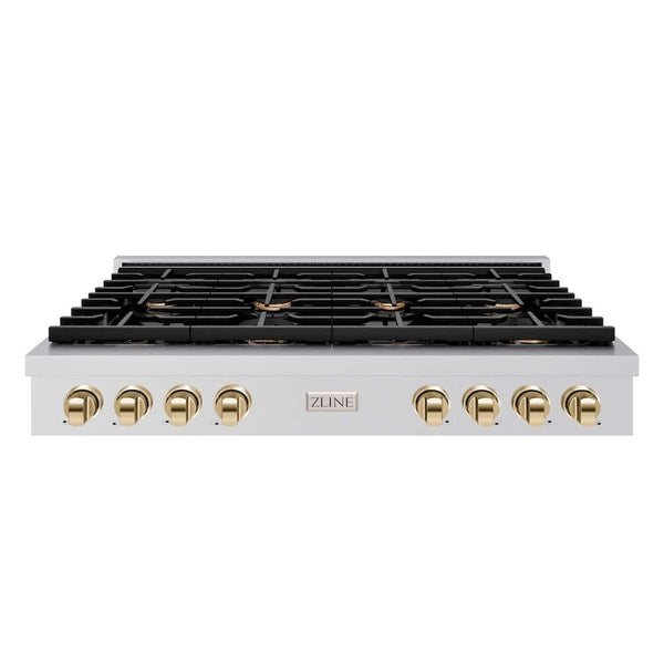 ZLINE 48 in. Autograph Edition Paramount Gas Rangetop with 8 Burners and Porcelain Cooktop in Stainless Steel with Polished Gold Accents, Open Box-Good Condition