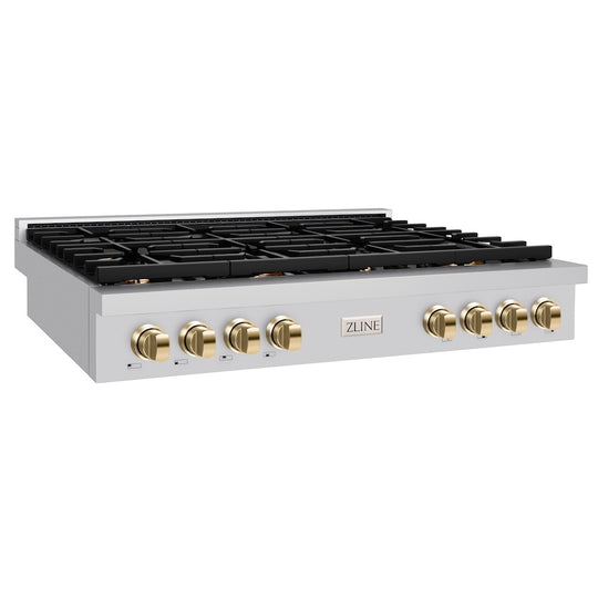 ZLINE 48 in. Autograph Edition Paramount Gas Rangetop with 8 Burners and Porcelain Cooktop in Stainless Steel with Polished Gold Accents, Open Box-Great Condition