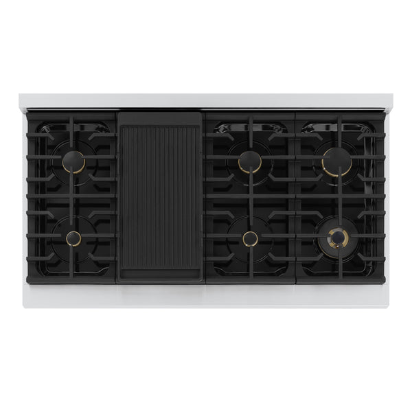 ZLINE Autograph Edition 48 in. 6.7 cu. ft. Marino Double Oven Dual Fuel Range with 8 Burner Gas Cooktop in Stainless Steel and Polished Gold Accents (MDRZ-48-G)