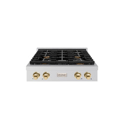 ZLINE 30 in. Autograph Edition Paramount Gas Rangetop with 4 Burners and Porcelain Cooktop in Stainless Steel with Polished Gold Accents (SRTZ-30-G)
