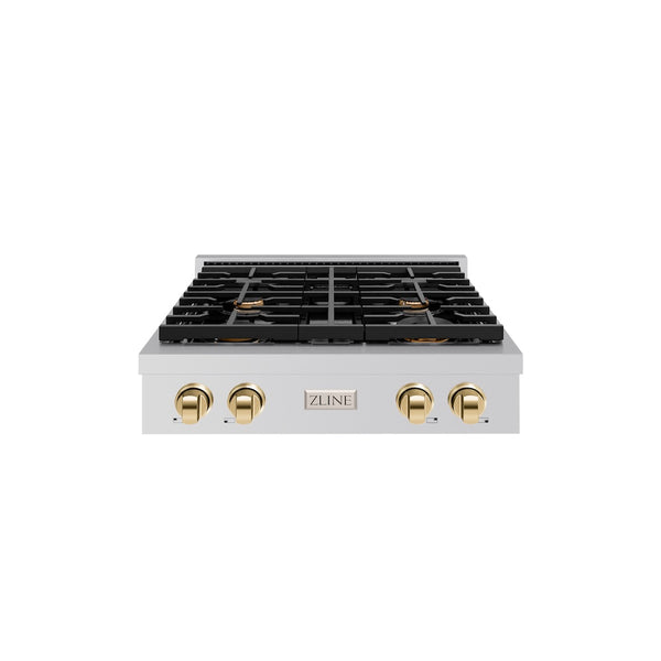 ZLINE Autograph Edition 30 in. Paramount Gas Rangetop with 4 Burners and Porcelain Cooktop in Stainless Steel with Polished Gold Accents, Open Box-Great Condition