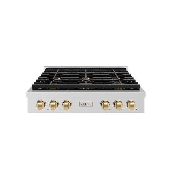 ZLINE Autograph Edition 36 in. Paramount Gas Rangetop with 6 Burners and Porcelain Cooktop in Stainless Steel with Champagne Bronze Accents, Open Box-Good Condition