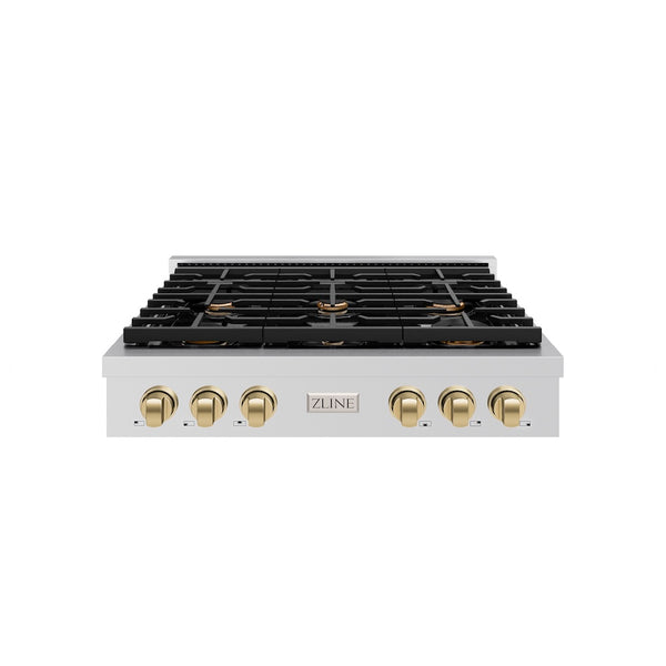 ZLINE Autograph Edition 36 in. Paramount Gas Rangetop with 6 Burners and Porcelain Cooktop in Stainless Steel with Champagne Bronze Accents, Open Box-Great Condition