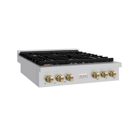 ZLINE Autograph Edition 36 in. Paramount Gas Rangetop with 6 Burners and Porcelain Cooktop in Stainless Steel with Champagne Bronze Accents, Open Box-Great Condition