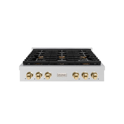 ZLINE 36 in. Autograph Edition Paramount Gas Rangetop with 6 Burners and Porcelain Cooktop in Stainless Steel with Polished Gold Accents (SRTZ-36-G)