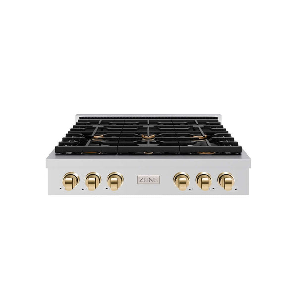 ZLINE Autograph Edition 36 in. Paramount Gas Rangetop with 6 Burners and Porcelain Cooktop in Stainless Steel with Polished Gold Accents, Open Box-Good Condition