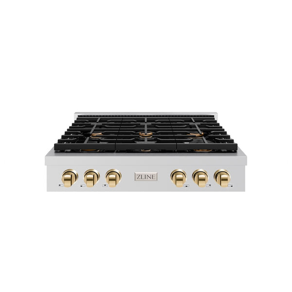 ZLINE Autograph Edition 36 in. Paramount Gas Rangetop with 6 Burners and Porcelain Cooktop in Stainless Steel with Polished Gold Accents, Open Box-Great Condition