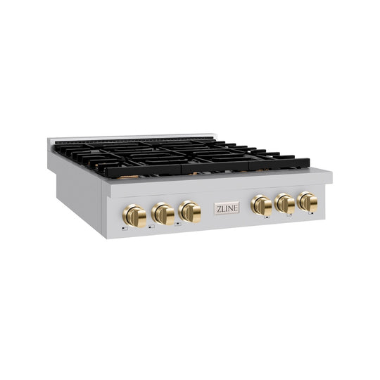 ZLINE Autograph Edition 36 in. Paramount Gas Rangetop with 6 Burners and Porcelain Cooktop in Stainless Steel with Polished Gold Accents, Open Box-Great Condition