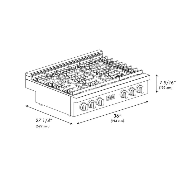 ZLINE Autograph Edition 36 in. Paramount Gas Rangetop with 6 Burners and Porcelain Cooktop in Stainless Steel with Matte Black Accents, Open Box-Great Condition