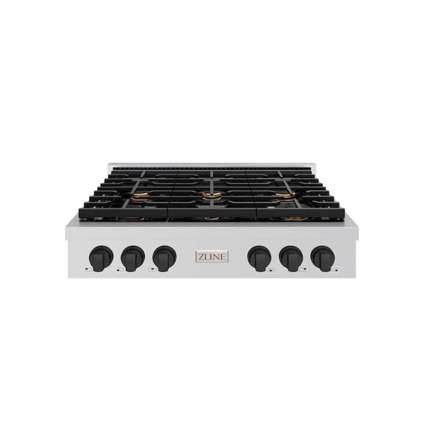 ZLINE Autograph Edition 36 in. Paramount Gas Rangetop with 6 Burners and Porcelain Cooktop in Stainless Steel with Matte Black Accents, Open Box-Good Condition