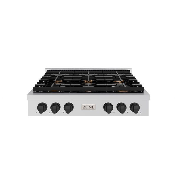 ZLINE Autograph Edition 36 in. Paramount Gas Rangetop with 6 Burners and Porcelain Cooktop in Stainless Steel with Matte Black Accents, Open Box-Great Condition