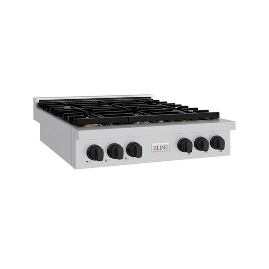ZLINE Autograph Edition 36 in. Paramount Gas Rangetop with 6 Burners and Porcelain Cooktop in Stainless Steel with Matte Black Accents, Open Box-Great Condition