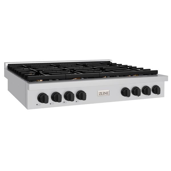 ZLINE 48 in. Autograph Edition Paramount Gas Rangetop with 8 Burners and Porcelain Cooktop in Stainless Steel with Matte Black Accents (SRTZ-48-MB)