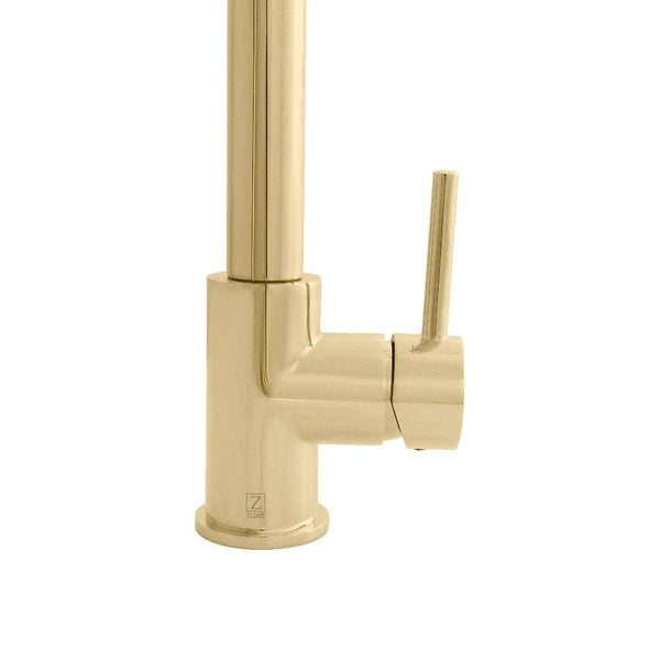 ZLINE Apollo Pull Down Spring Kitchen Faucet in Polished Gold (APL-KF-PG) handle and mount.