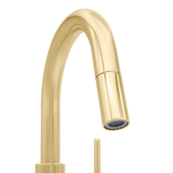 ZLINE Dante Pull Down Kitchen Faucet in Polished Gold (DNT-KF-PG) pull down spout close-up.