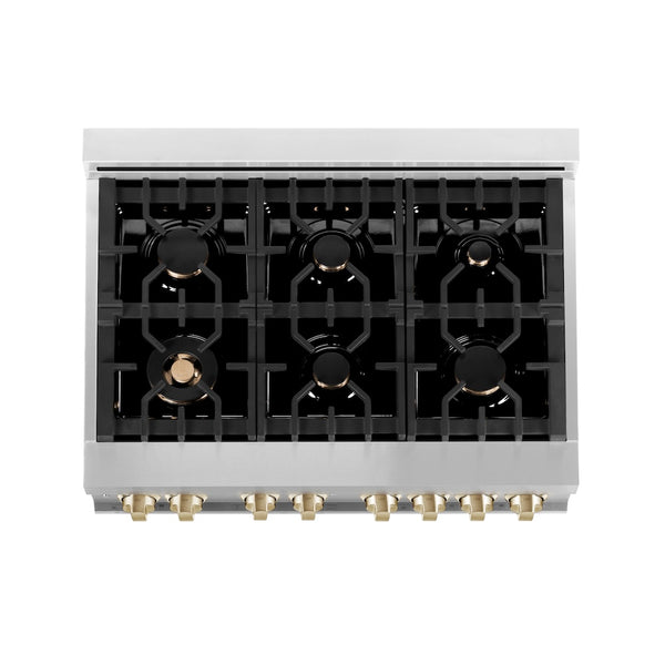 ZLINE Autograph Edition 36 in. 4.6 cu. ft. Legacy Dual Fuel Range with 6 Burner Gas Cooktop and Electric Convection Oven in Stainless Steel with White Matte Door and Polished Gold Accents, Open Box-Great Condition