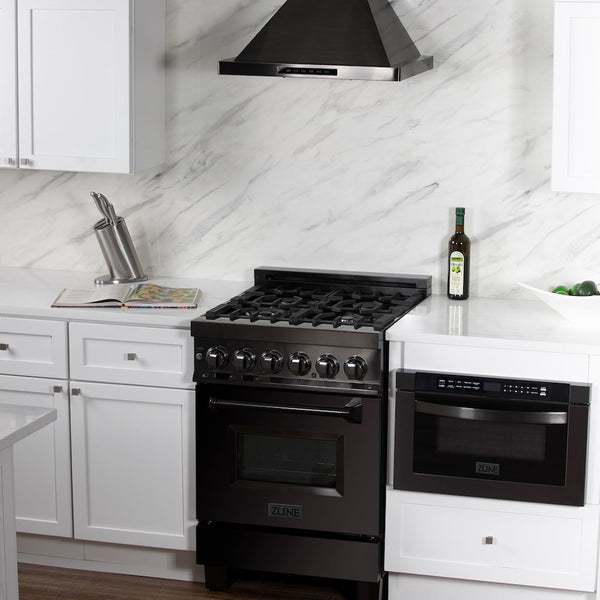 ZLINE 24 in. 2.8 cu. ft. Legacy Dual Fuel Range with 4 Burner Gas Cooktop and Electric Convection Oven in Black Stainless Steel, Open Box-Good Condition
