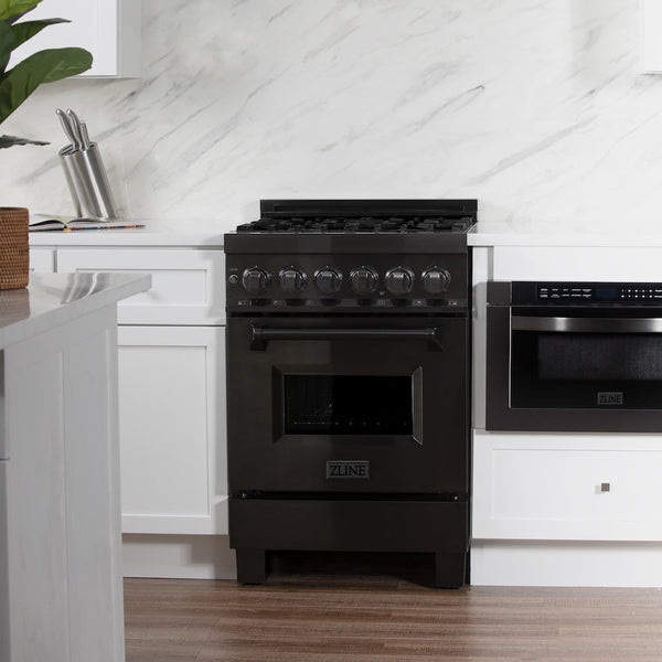 ZLINE 24 in. 2.8 cu. ft. Legacy Dual Fuel Range with 4 Burner Gas Cooktop and Electric Convection Oven in Black Stainless Steel, Open Box-Good Condition