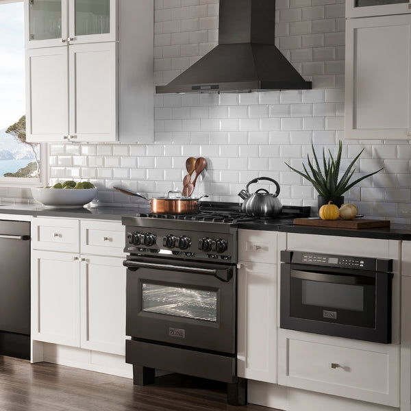 ZLINE 30 in. 4.0 cu. ft. Legacy Dual Fuel Range with 4 Burner Gas Cooktop and Electric Convection Oven in Black Stainless Steel, Open Box-Great Condition