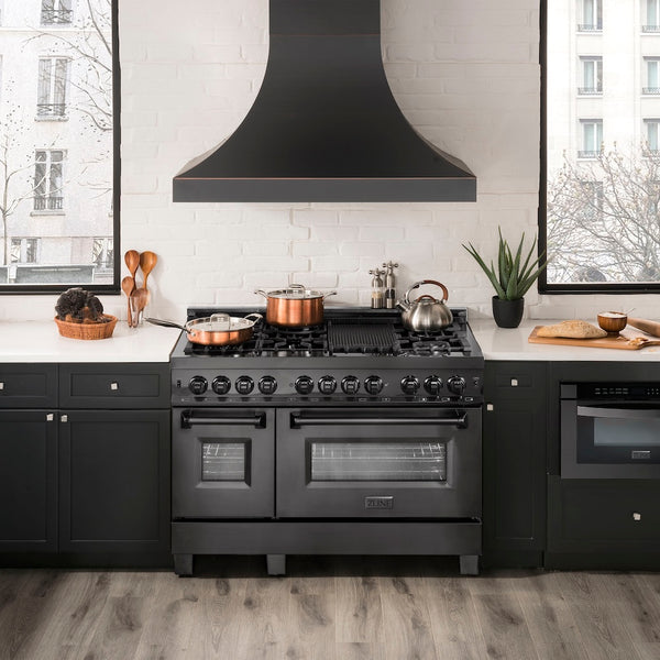 ZLINE 48 in. 6.0 cu. ft. Legacy Dual Fuel Range with 7 Burner Gas Cooktop and 2 Electric Ovens in Black Stainless Steel, Open Box-Great Condition