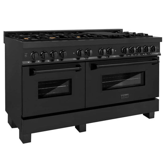 ZLINE 60 in. 7.4 cu. ft. Legacy Dual Fuel Range with 9 Burner Gas Cooktop and 2 Electric Convection Ovens in Black Stainless Steel, Open Box-Great Condition