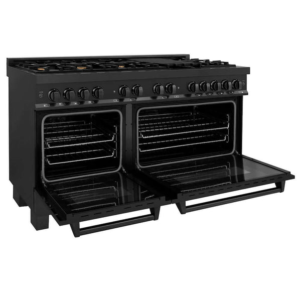 ZLINE 60 in. 7.4 cu. ft. Legacy Dual Fuel Range with 9 Burner Gas Cooktop and 2 Electric Convection Ovens in Black Stainless Steel, Open Box-Great Condition