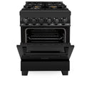ZLINE 24 in. 2.8 cu. ft. Legacy Dual Fuel Range with Gas Cooktop and Electric Convection Oven in Black Stainless Steel with 4 Brass Burners, Open Box-Good Condition