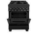 ZLINE 24 in. 2.8 cu. ft. Legacy Dual Fuel Range with Gas Cooktop and Electric Convection Oven in Black Stainless Steel with 4 Brass Burners, Open Box-Great Condition