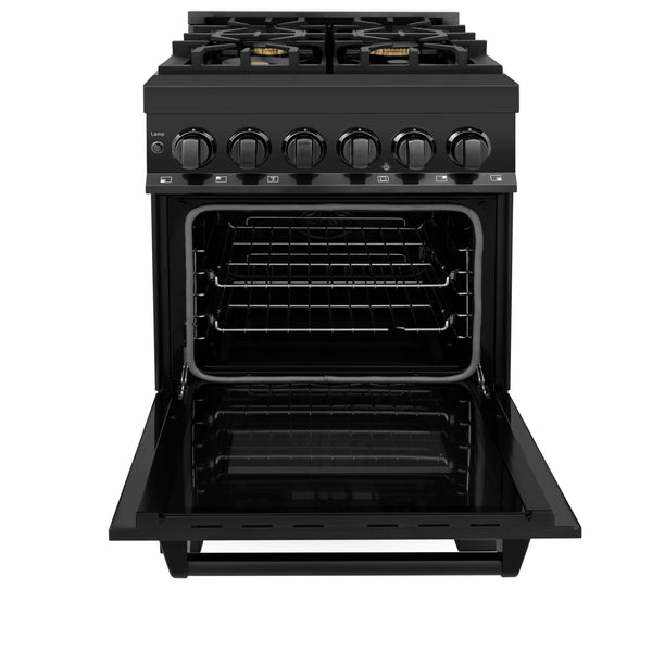 ZLINE 24 in. 2.8 cu. ft. Legacy Dual Fuel Range with Gas Cooktop and Electric Convection Oven in Black Stainless Steel with 4 Brass Burners, Open Box-Great Condition