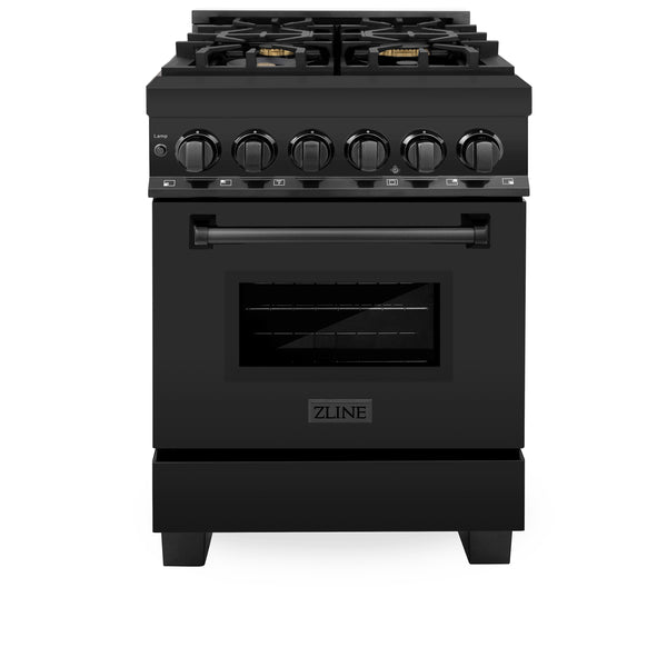 ZLINE 24 in. 2.8 cu. ft. Legacy Dual Fuel Range with Gas Cooktop and Electric Convection Oven in Black Stainless Steel with 4 Brass Burners, Open Box-Great Condition