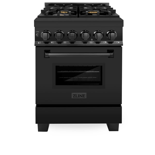 ZLINE 24 in. 2.8 cu. ft. Legacy Dual Fuel Range with Gas Cooktop and Electric Convection Oven in Black Stainless Steel with 4 Brass Burners, Open Box-Great Condition