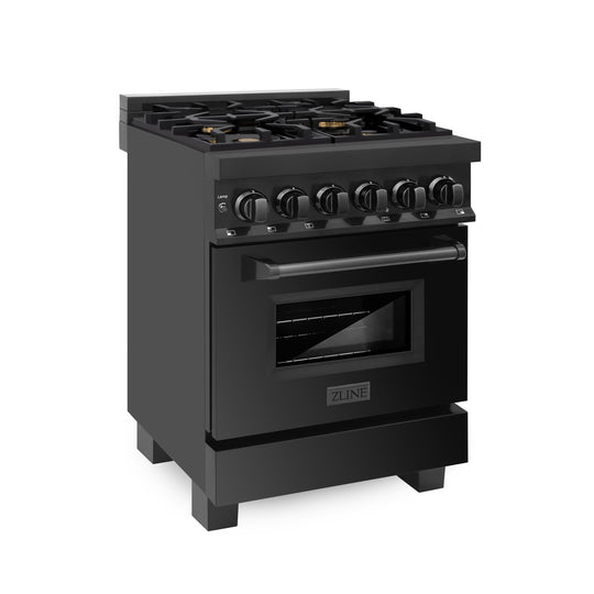 ZLINE 24 in. 2.8 cu. ft. Legacy Dual Fuel Range with Gas Cooktop and Electric Convection Oven in Black Stainless Steel with 4 Brass Burners, Open Box-Great Condition
