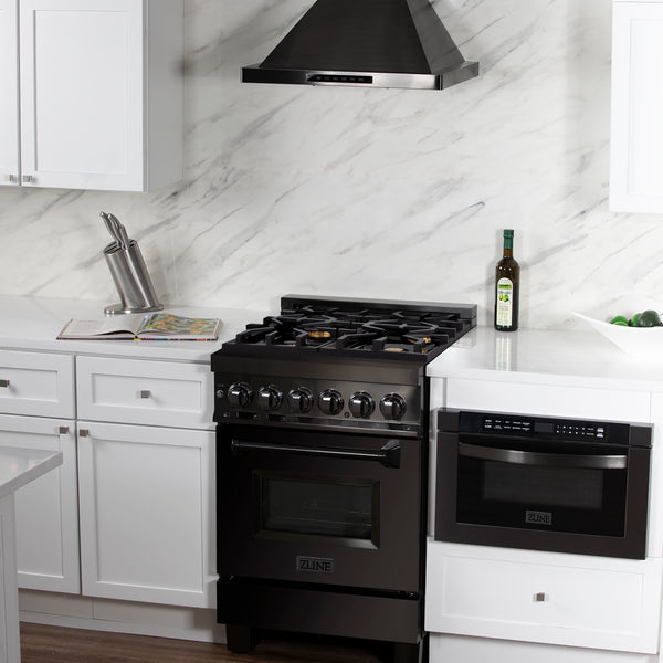 ZLINE 24 in. 2.8 cu. ft. Legacy Dual Fuel Range with Gas Cooktop and Electric Convection Oven in Black Stainless Steel with 4 Brass Burners, Open Box-Great Condition