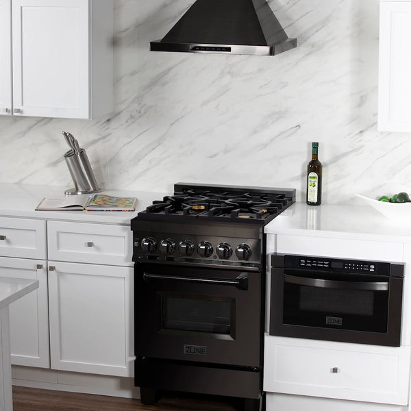 ZLINE 24 in. 2.8 cu. ft. Legacy Dual Fuel Range with Gas Cooktop and Electric Convection Oven in Black Stainless Steel with 4 Brass Burners, Open Box-Good Condition