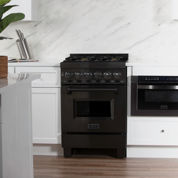 ZLINE 24 in. 2.8 cu. ft. Legacy Dual Fuel Range with Gas Cooktop and Electric Convection Oven in Black Stainless Steel with 4 Brass Burners, Open Box-Great Condition