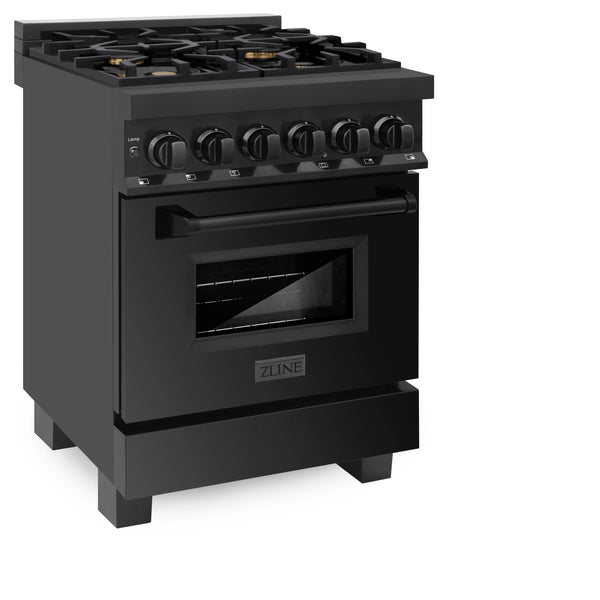 ZLINE 24 in. 2.8 cu. ft. Legacy Dual Fuel Range with Gas Cooktop and Electric Convection Oven in Black Stainless Steel with 4 Brass Burners, Open Box-Great Condition