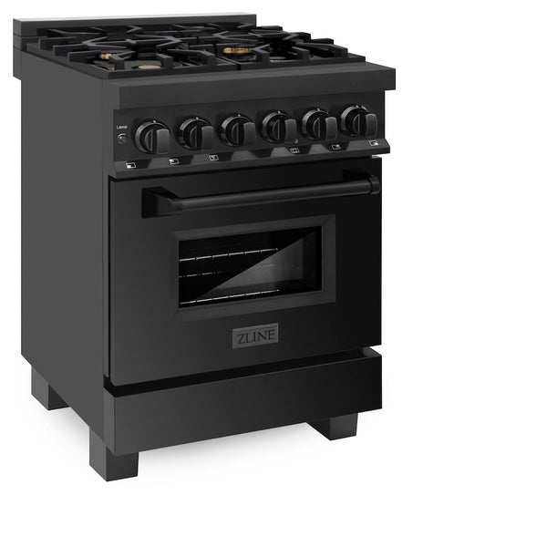 ZLINE 24 in. 2.8 cu. ft. Legacy Dual Fuel Range with Gas Cooktop and Electric Convection Oven in Black Stainless Steel with 4 Brass Burners, Open Box-Good Condition