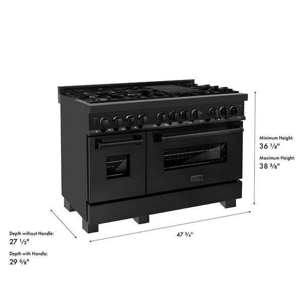 ZLINE 48 in. 6.0 cu. ft. Legacy Dual Fuel Range with Gas Cooktop and 2 Electric Ovens in Black Stainless Steel with 6 Brass Burners, Open Box-Great Condition