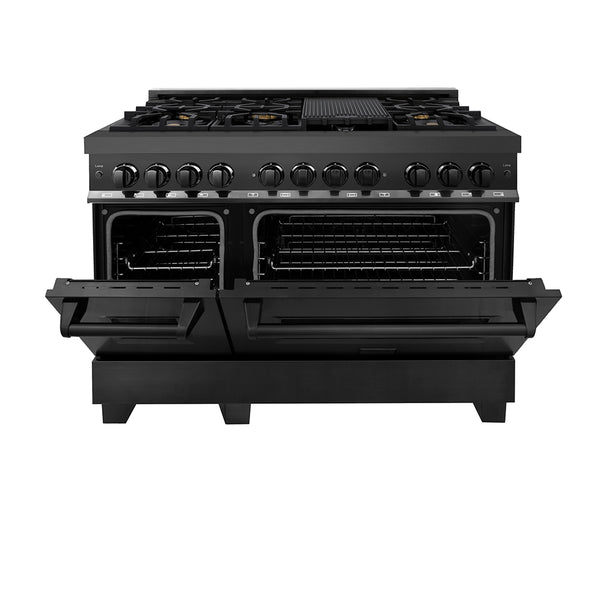 ZLINE 48 in. 6.0 cu. ft. Legacy Dual Fuel Range with Gas Cooktop and 2 Electric Ovens in Black Stainless Steel with 6 Brass Burners, Open Box-Great Condition