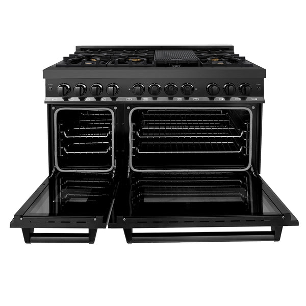 ZLINE 48 in. 6.0 cu. ft. Legacy Dual Fuel Range with Gas Cooktop and 2 Electric Ovens in Black Stainless Steel with 6 Brass Burners, Open Box-Great Condition