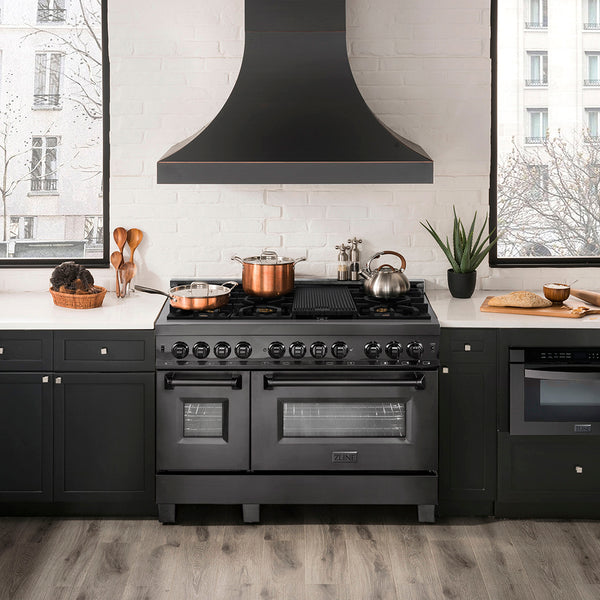 ZLINE 48 in. 6.0 cu. ft. Legacy Dual Fuel Range with Gas Cooktop and 2 Electric Ovens in Black Stainless Steel with 6 Brass Burners, Open Box-Great Condition