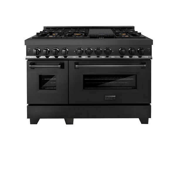 ZLINE 48 in. 6.0 cu. ft. Legacy Dual Fuel Range with Gas Cooktop and 2 Electric Ovens in Black Stainless Steel with 6 Brass Burners, Open Box-Great Condition