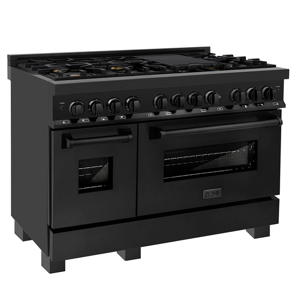 ZLINE 48 in. 6.0 cu. ft. Legacy Dual Fuel Range with Gas Cooktop and 2 Electric Ovens in Black Stainless Steel with 6 Brass Burners, Open Box-Great Condition