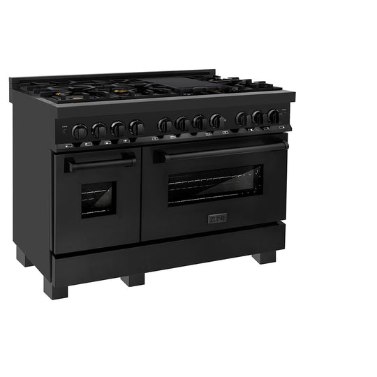 ZLINE 48 in. 6.0 cu. ft. Legacy Dual Fuel Range with Gas Cooktop and 2 Electric Ovens in Black Stainless Steel with 6 Brass Burners, Open Box-Great Condition