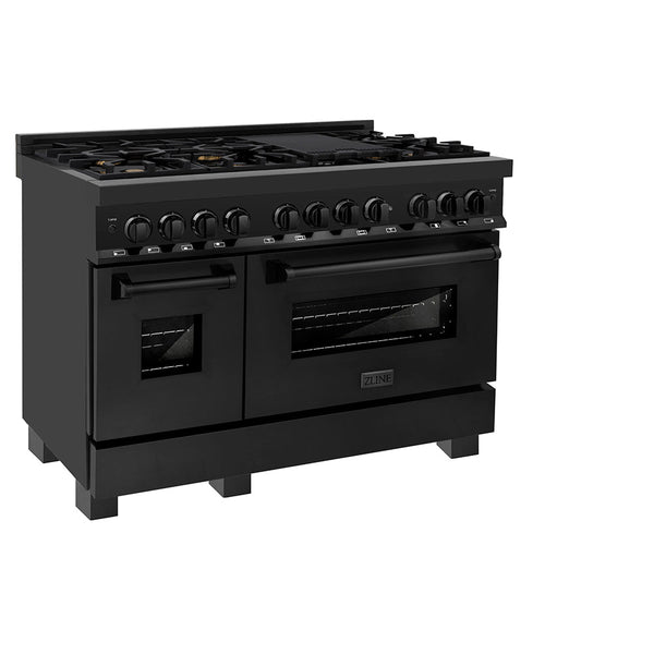 ZLINE 48 in. 6.0 cu. ft. Legacy Dual Fuel Range with Gas Cooktop and 2 Electric Ovens in Black Stainless Steel with 6 Brass Burners, Open Box-Good Condition