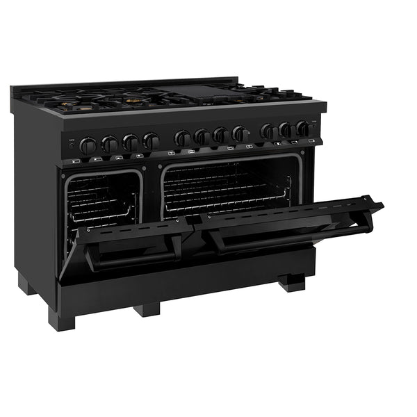 ZLINE 48 in. 6.0 cu. ft. Legacy Dual Fuel Range with Gas Cooktop and 2 Electric Ovens in Black Stainless Steel with 6 Brass Burners, Open Box-Great Condition