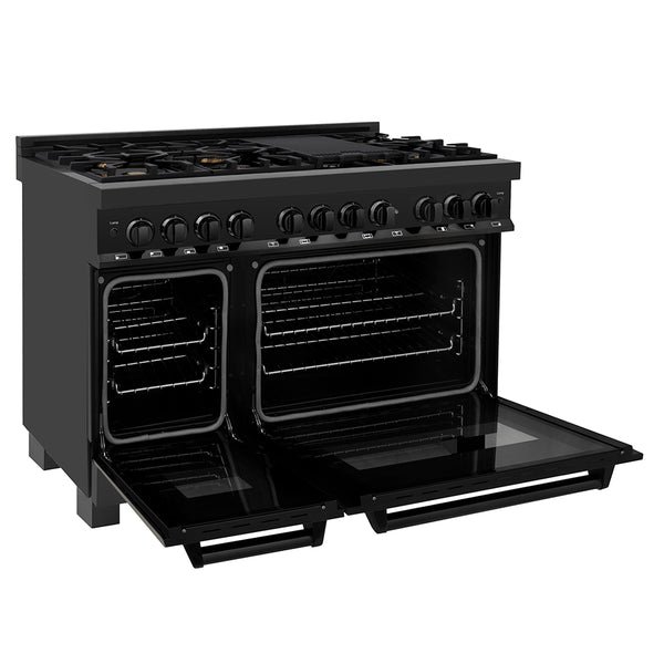 ZLINE 48 in. 6.0 cu. ft. Legacy Dual Fuel Range with Gas Cooktop and 2 Electric Ovens in Black Stainless Steel with 6 Brass Burners, Open Box-Great Condition