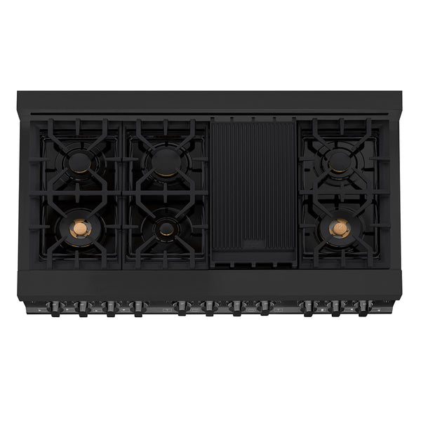 ZLINE 48 in. 6.0 cu. ft. Legacy Dual Fuel Range with Gas Cooktop and 2 Electric Ovens in Black Stainless Steel with 6 Brass Burners, Open Box-Great Condition