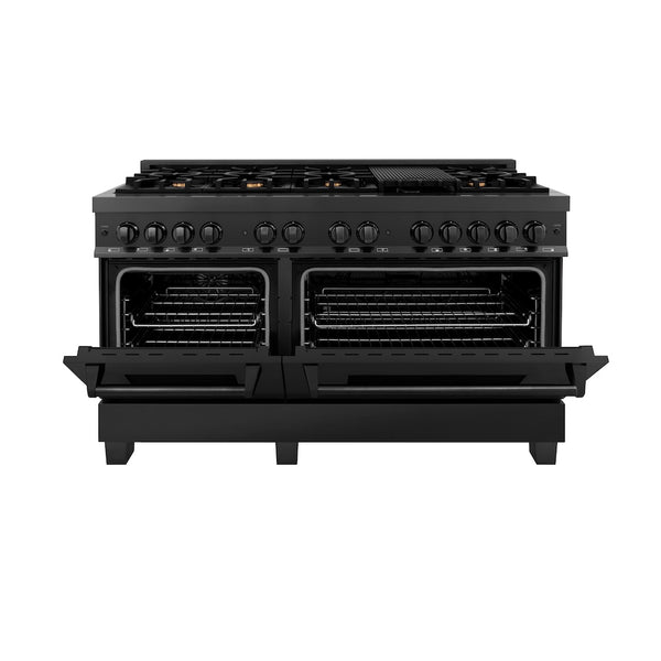 ZLINE 60 in. 7.4 cu. ft. Legacy Dual Fuel Range with Gas Cooktop and 2 Electric Convection Ovens in Black Stainless Steel with 8 Brass Burners, Open Box-Great Condition