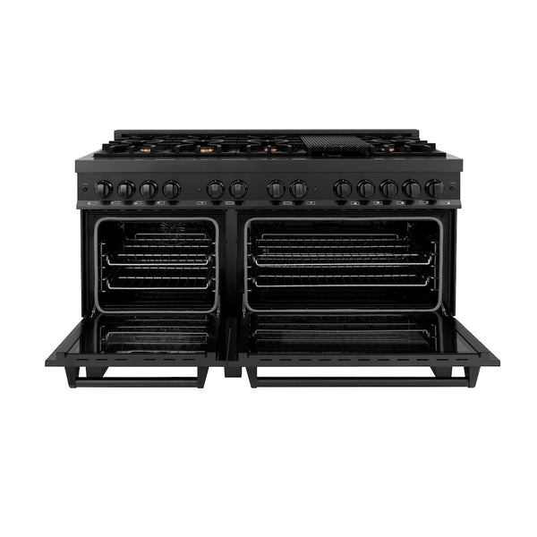 ZLINE 60 in. 7.4 cu. ft. Legacy Dual Fuel Range with Gas Cooktop and 2 Electric Convection Ovens in Black Stainless Steel with 8 Brass Burners, Open Box-Great Condition